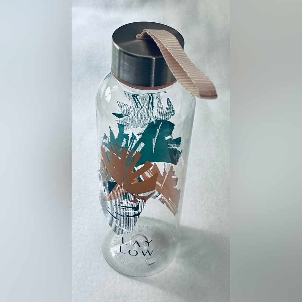 Tropical Leaf Glass Water Bottle - Silver and Tan